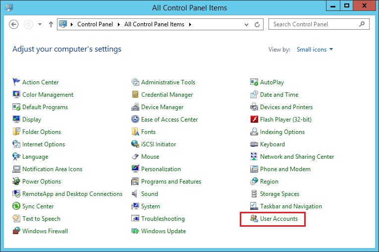 گزینه User Accounts در کنترل پنل