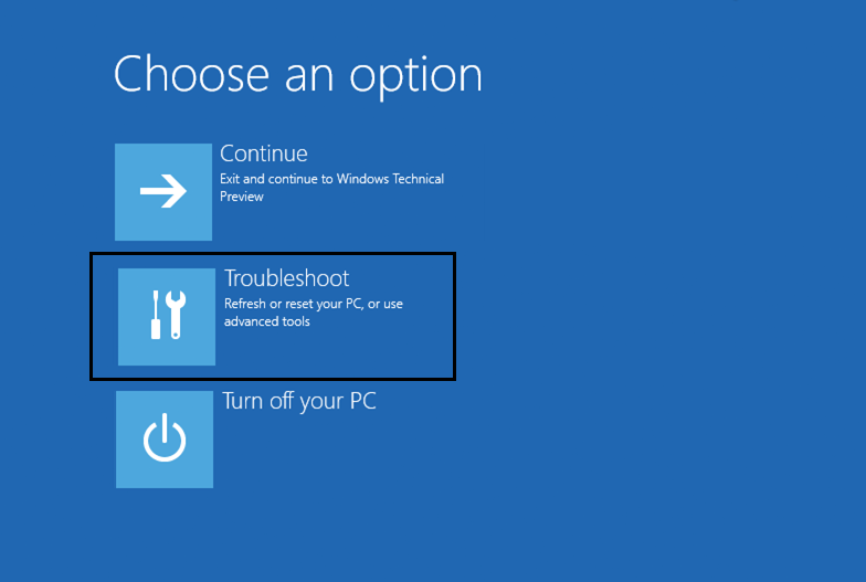 صفحه Choose an option و گزینه Troubleshoot