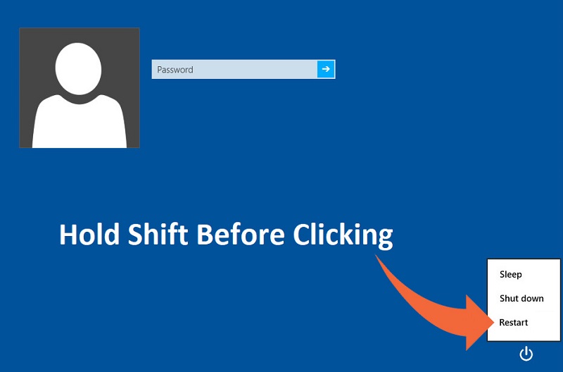 نگه داشتن Shift هنگام کلیک روی Restart در صفحه ورود