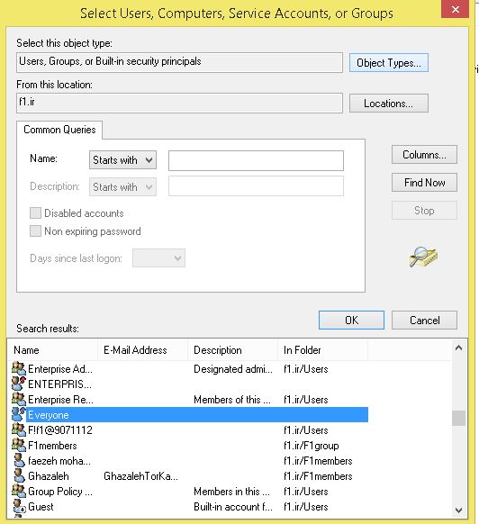 جستجوی کاربر در Select Users or Groups