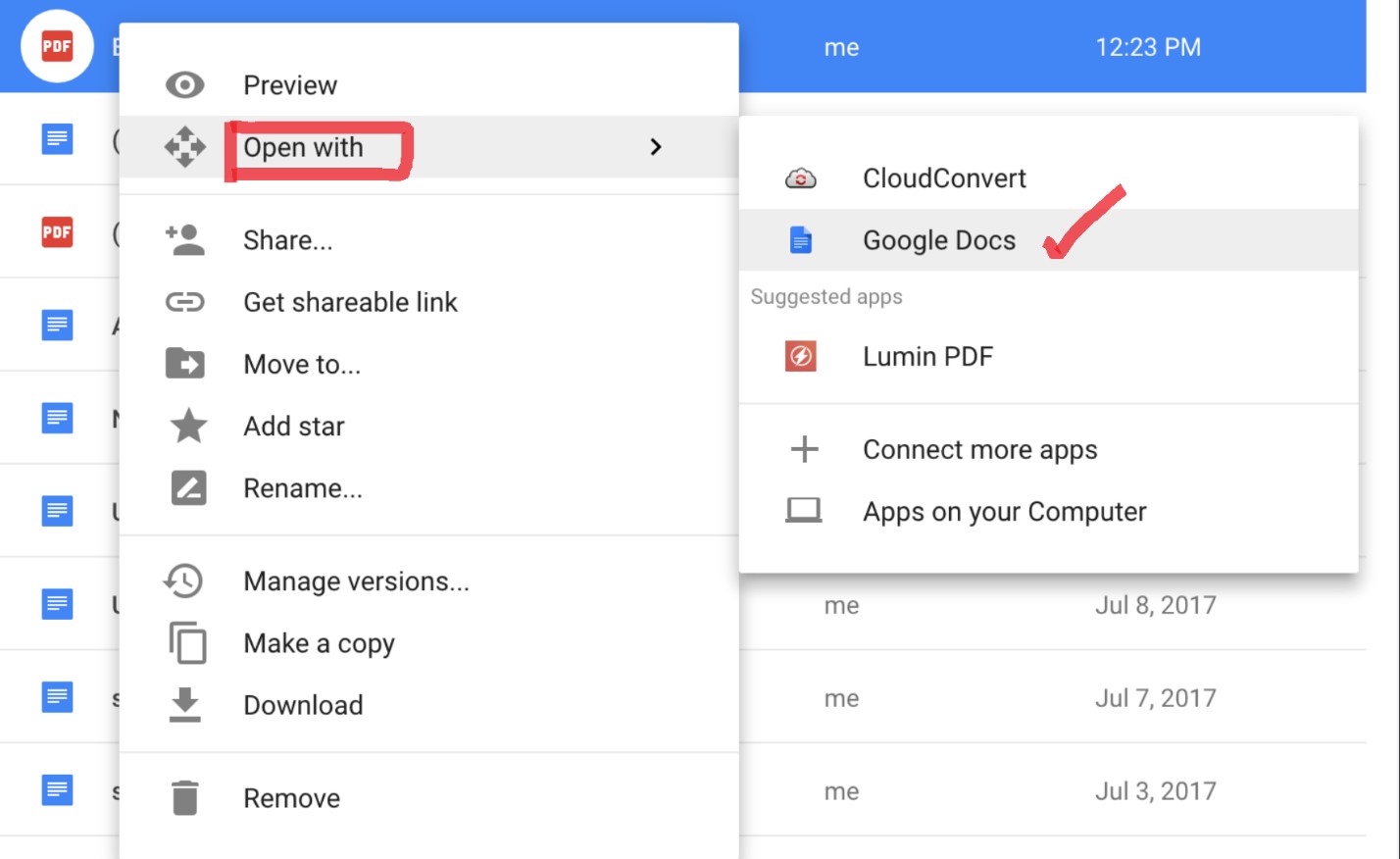 باز کردن فایل PDF با Google Docs از منوی Open with