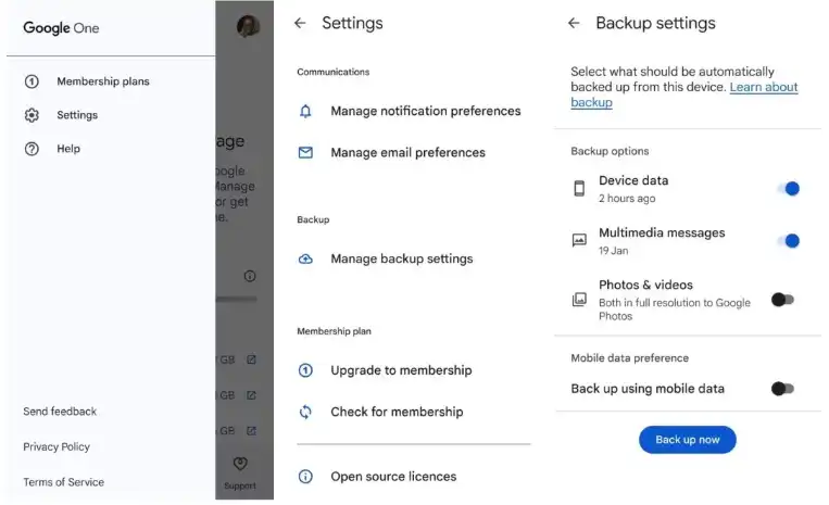 تنظیمات پشتیبان‌گیری در Google One