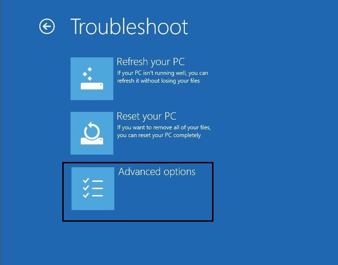 گزینه Advanced options در صفحه Troubleshoot